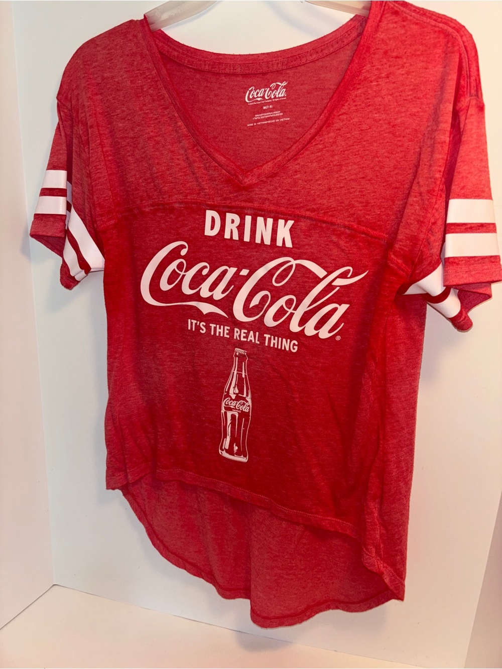Coca-Cola Red V-Neck Logo Tee with White Stripes